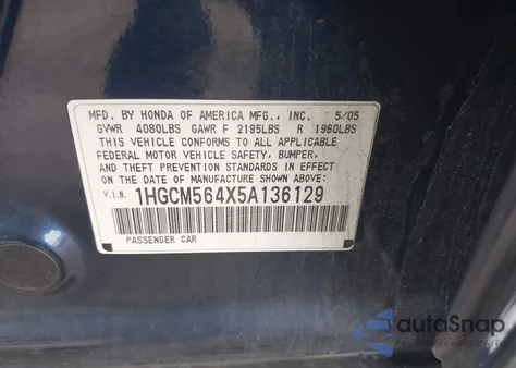 2005 Honda Accord 2.4 Lx из США, поврежденный, VIN 1HGCM564X5A136129